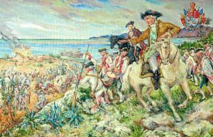 Gálvez en la batalla librada en Pensacola, según el artista Rodrigo Vivar.