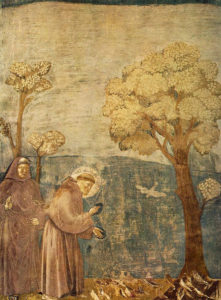 Francisco dando un sermón a las aves, según fresco de Giotto en la Basílica dedicada al santo. 
