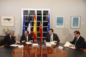 Mariano Rajoy junto a François Hollande, Pedro Passos Coelho y  Jean-Claude Juncker en La Moncloa. / Foto: Moncloa.