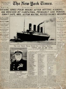 Reproducción de la portada del The New York Times del 16 de abril de 1912.