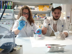 Los técnicos de laboratorio Irene López y Jorge Rivera cogiendo volúmenes concretos de soluciones líquidas.